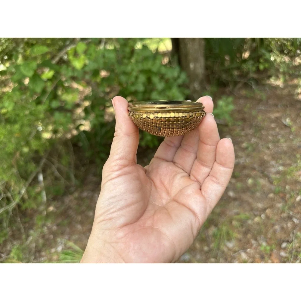 VTG Galleon Ship Powder Compact Gold Tone Guilloché Foil Nautical Vanity Compact
